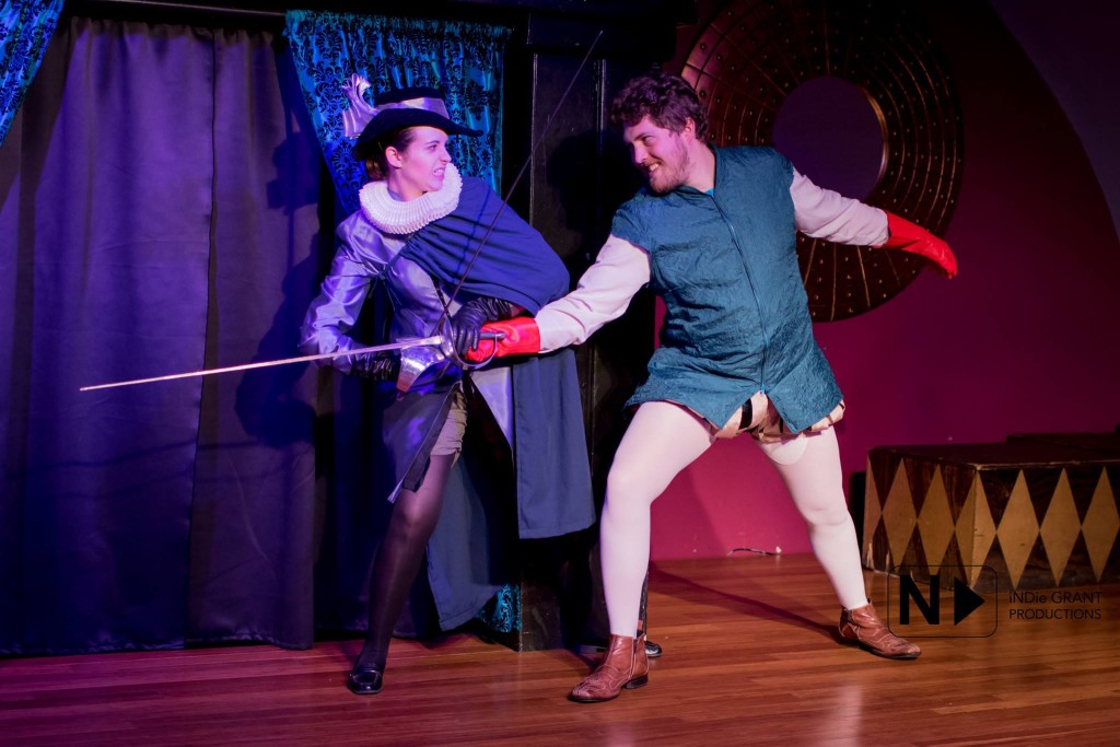 Dame Anu (Sarah Bell) and Cordelius (Jack Sharkey) face off in a friendly spar